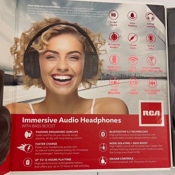 RCA Immersive Bluetooth Audio Headphones With Bass Boost, Black, New - Picture 8 of 12